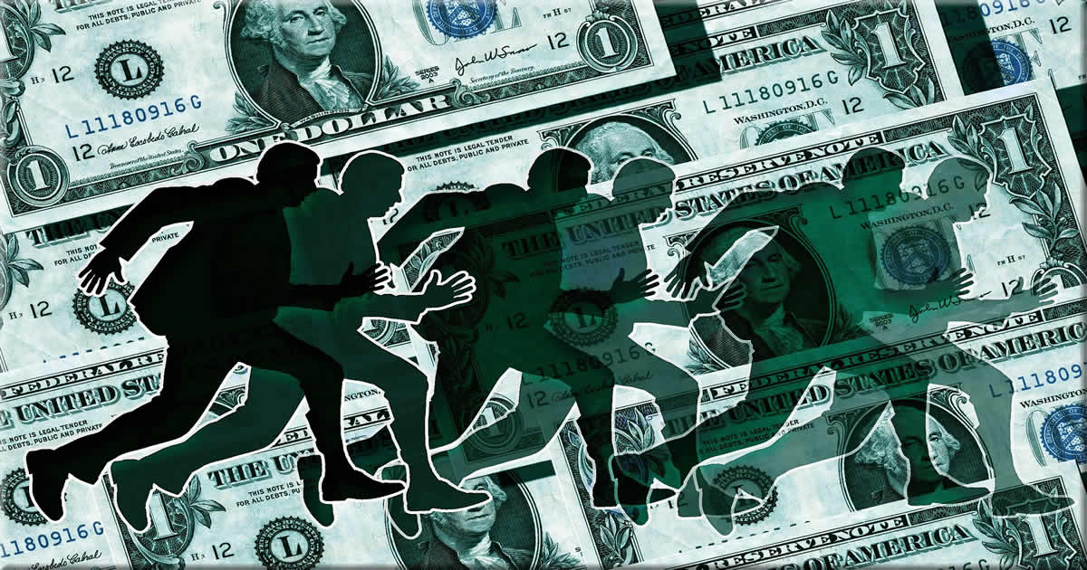 dollar banknote in the background and silhouettes of people running in the front