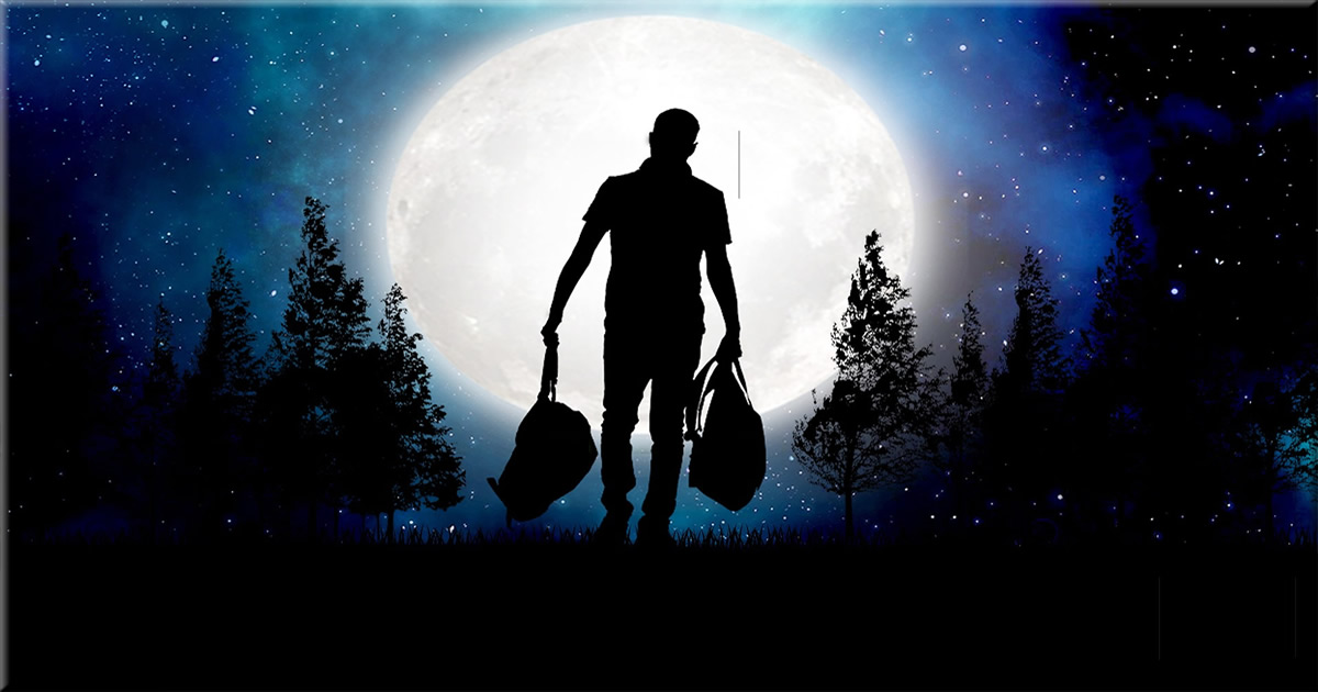 silhouette of a men carring two bags and heading towards the moon