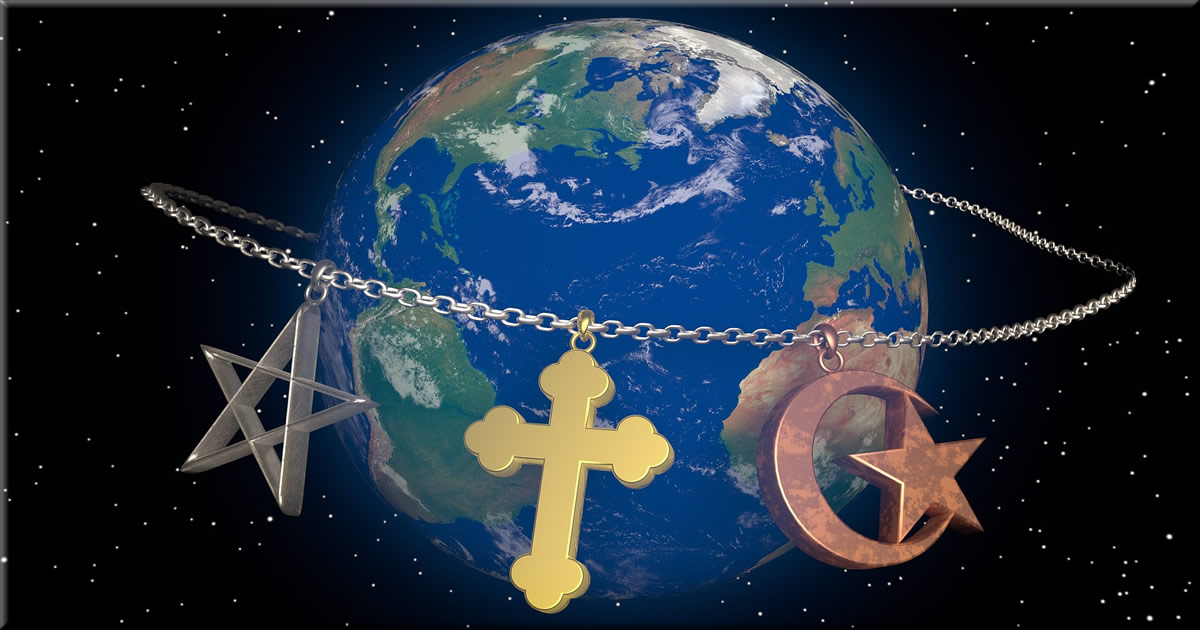 The symbols of religions encompass the planet Earth