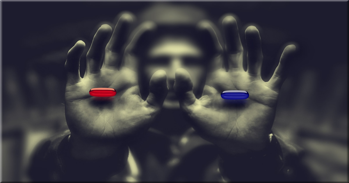 man show two hand with red and blue pill in real matrix 