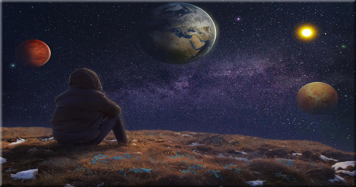 the starseed child sits and looks up at the sky full of stars and planets